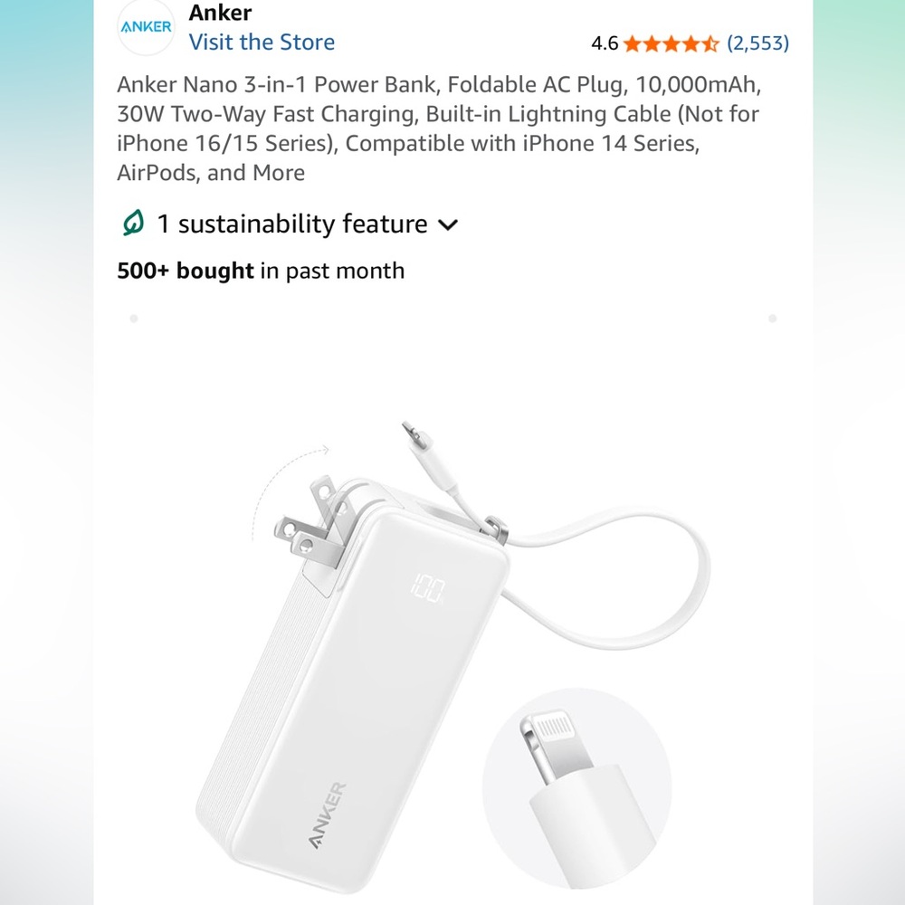 NWT! ANKER PowerBank w/ Built-in Lightning Cable & wall plug + shipping discount